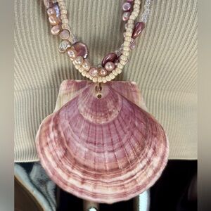 Large Handmade Seashell Pendant Pearl Strand Necklace